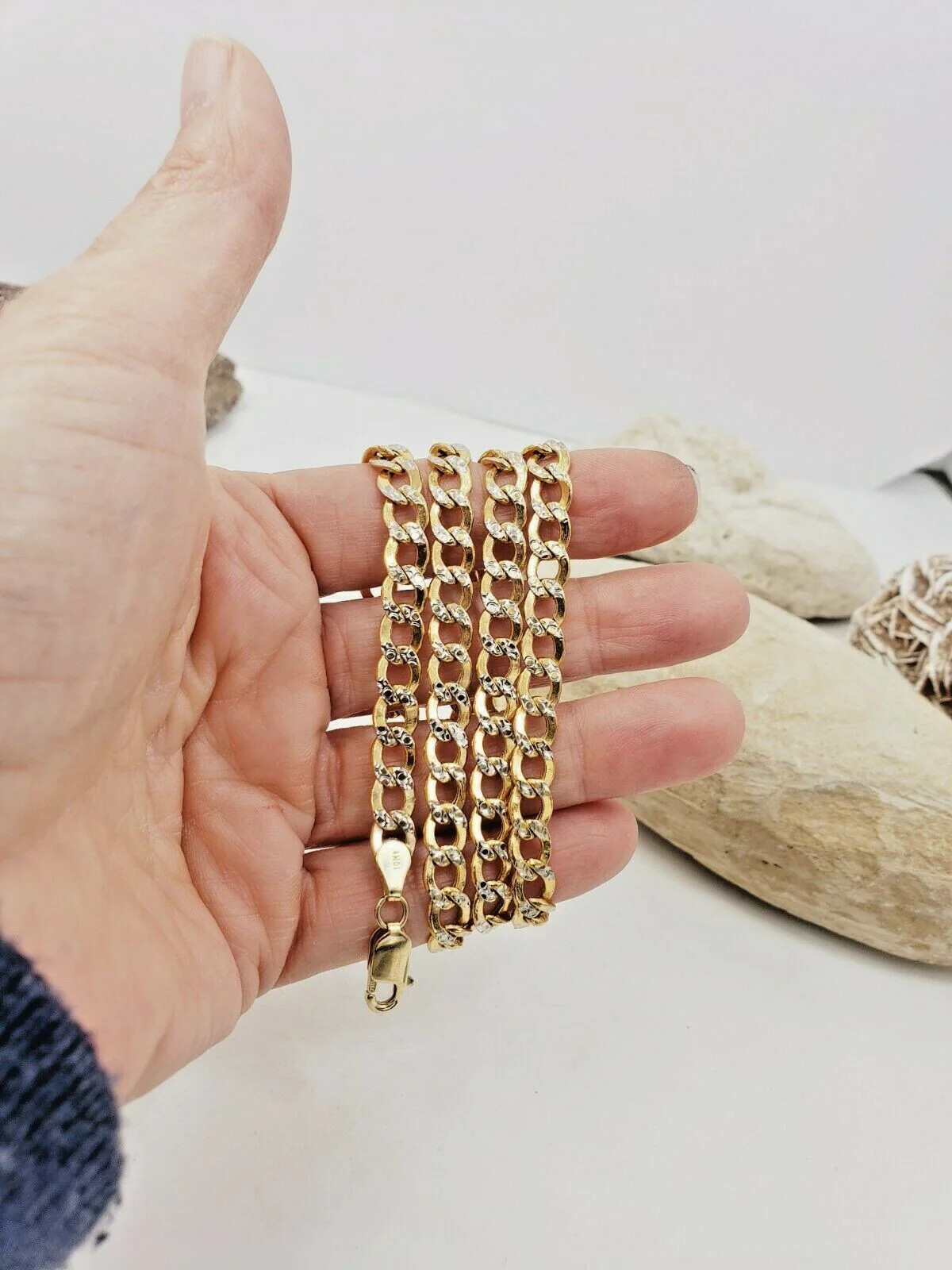 10KT Yellow Gold Hollow Curb 2 Tone Diamond Cut Chain 23.14 inches x W 6.50 mm