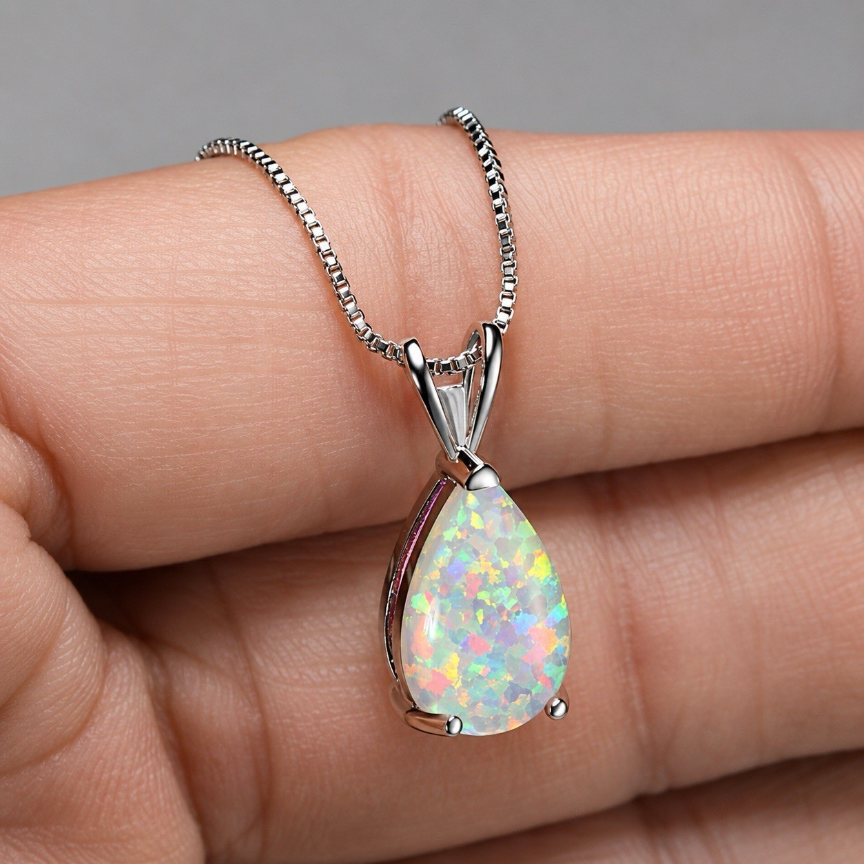 White Opal Stone Pendant Minimalist Droplet Fire Opal Necklace Sterling Silver