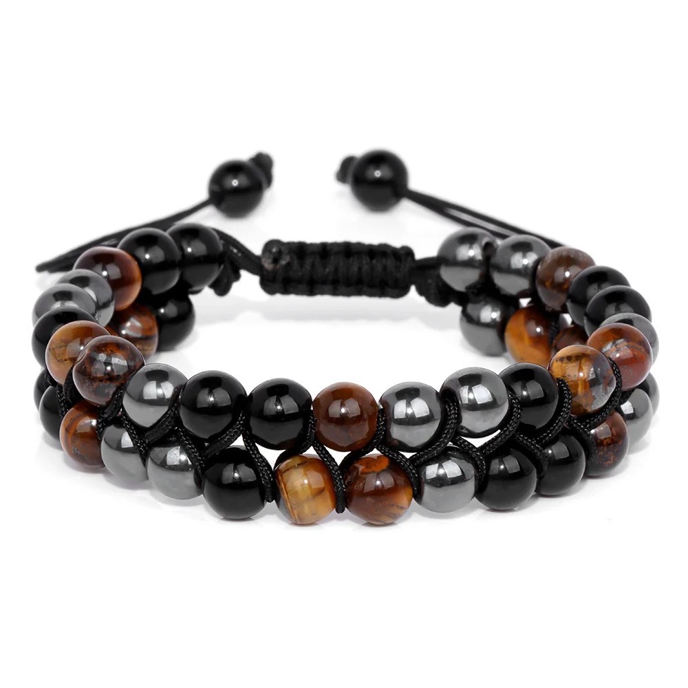 Triple Protection Bracelet Men Tiger Eye Hematite Obsidian Beaded Healing Jewelr
