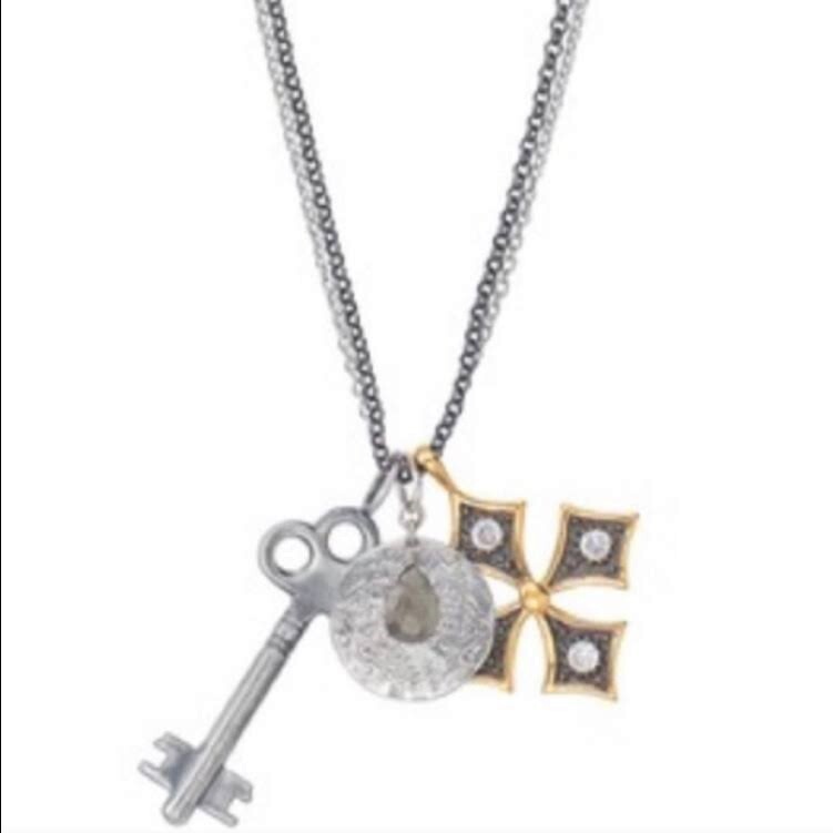 Stella & Dot Liv Multi Charm Maltese Cross Labradorite Stone Key Coin Necklace