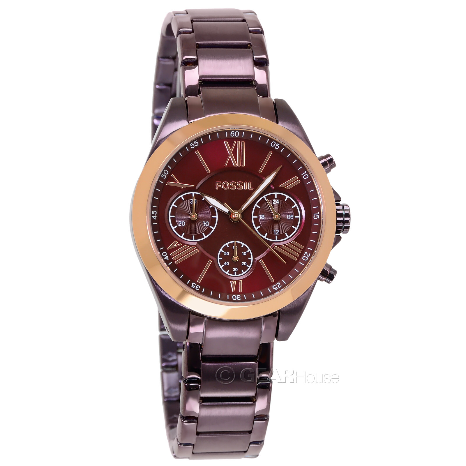 FOSSIL Modern Courier Womens Chronograph Watch, Red Rose Gold Dial Burgundy Band