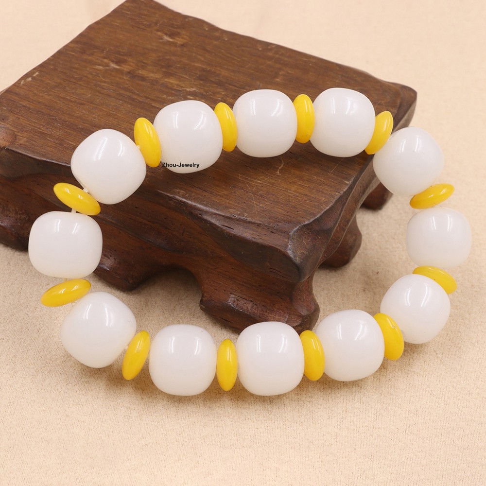 New Chinese White Jade 14mm Barrel Bead Elastic Bracelet Fit Wrist 15-17cm