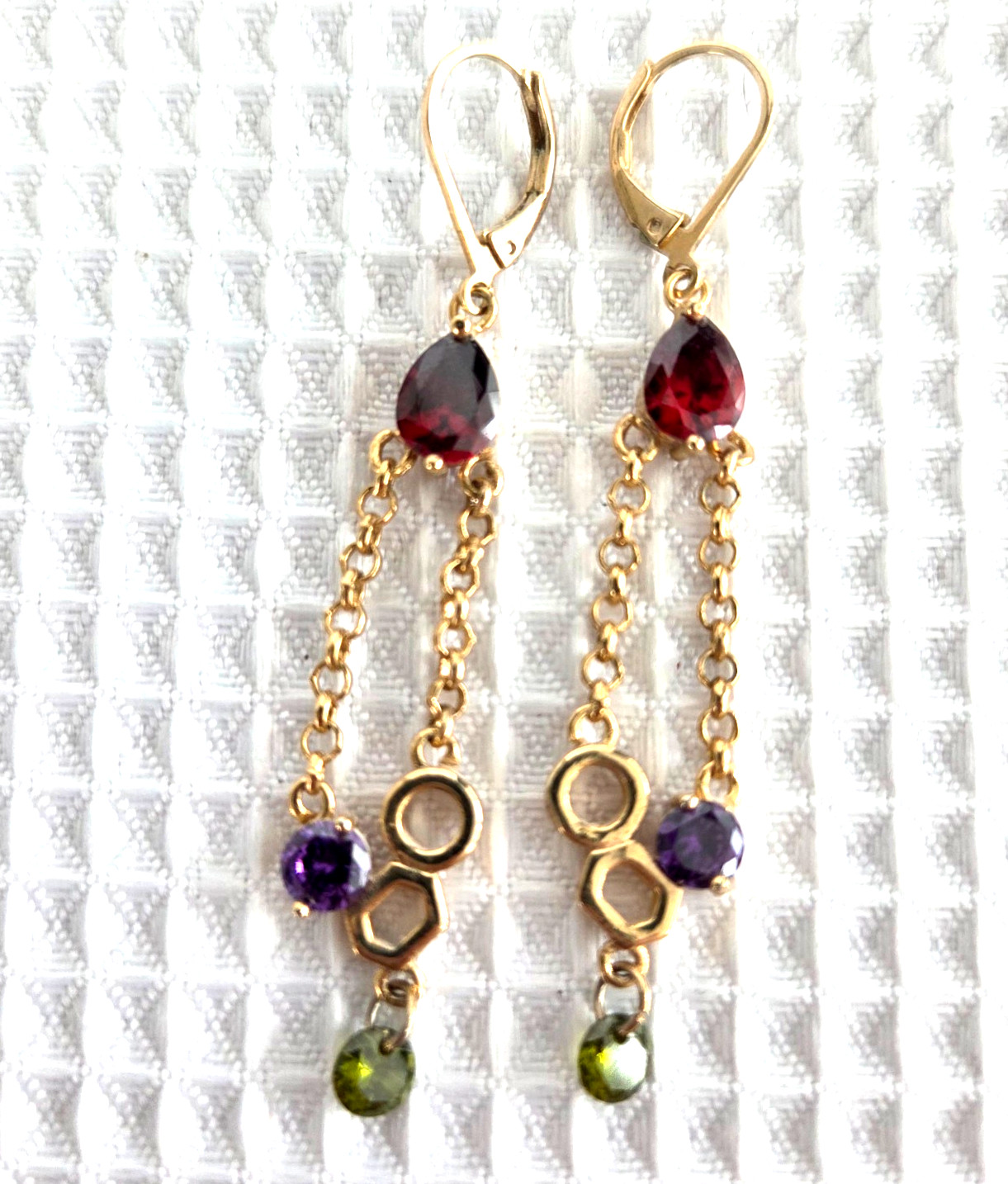 Golden Dangle Earrings Faux Gemstone Chain Green Purple Red Teardrop 2.5″
