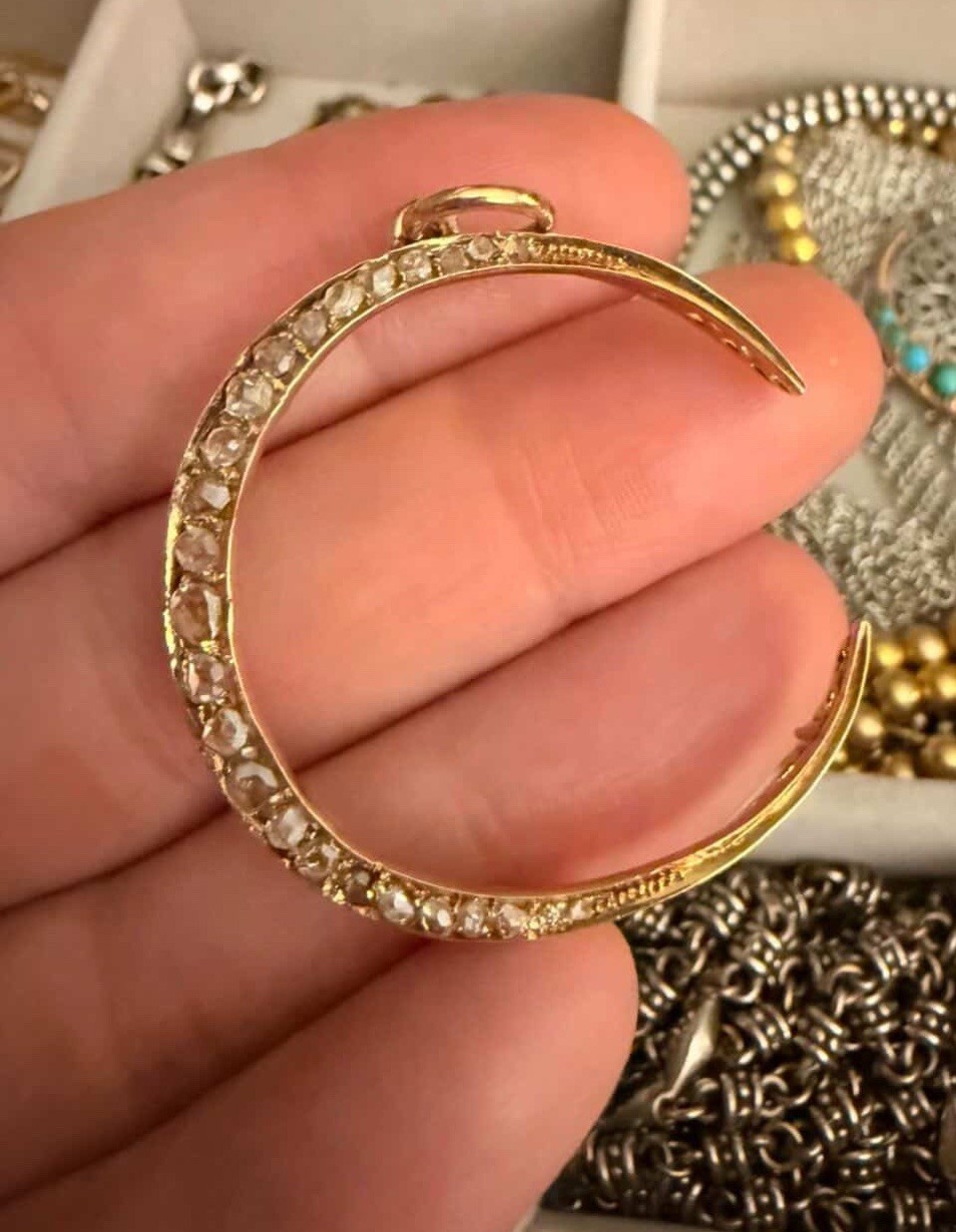 Antique 19k Rose Cut Diamond Crescent Moon Pendant 0.82ctw