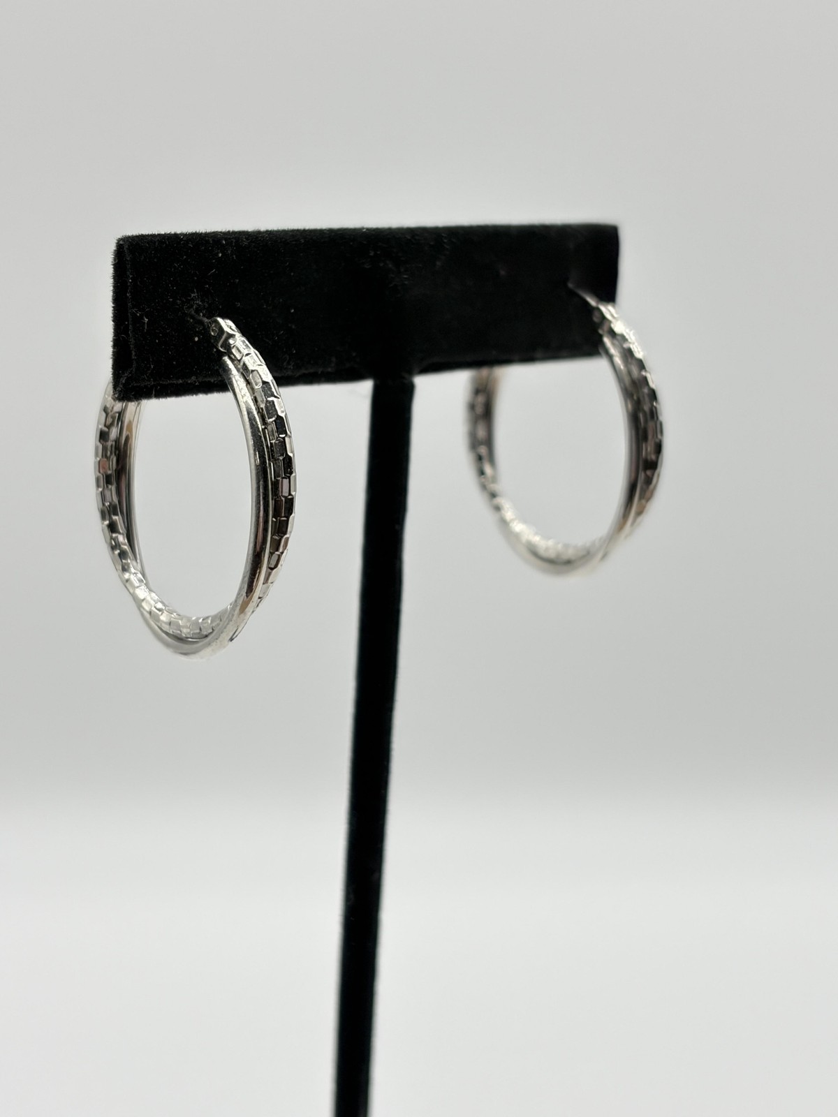 Silver Tone Double Hoop Earrings Women Medium Textured Diamond-Cut Latch Back