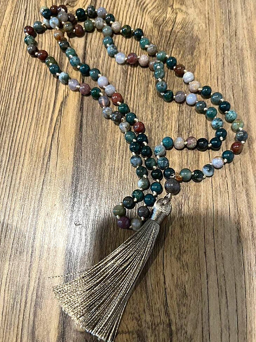 Agate Natural Stone 108 Beaded Mala Necklace with Gold Tassel – 21″ *NEW*