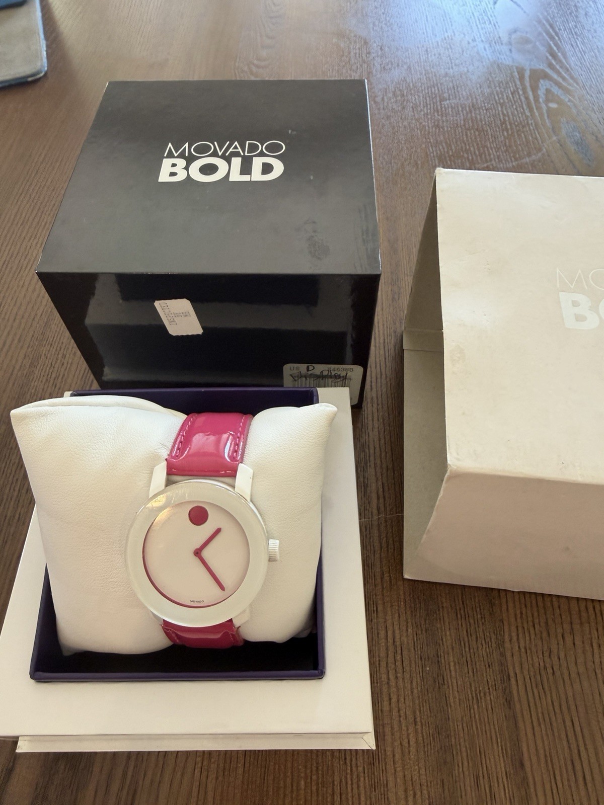 Movado Women’s BOLD Pink Leather Pink Dot Swiss 36mm Steel Watch 3600177