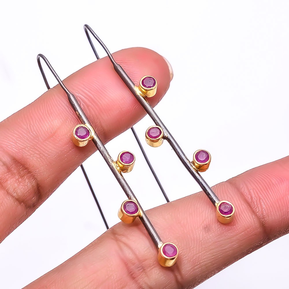 Ruby -Mozambique -Simulated 925 Silver Black And Gold Plated Earring 2.15″ E9452