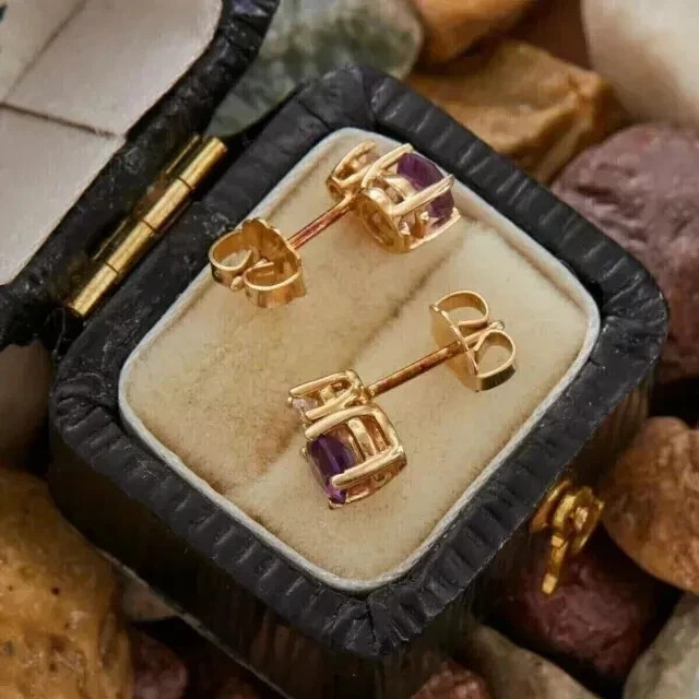 3 Ct Round Cut Simulated Amethyst Women’s Stud Earrings 14K Yellow Gold Plated