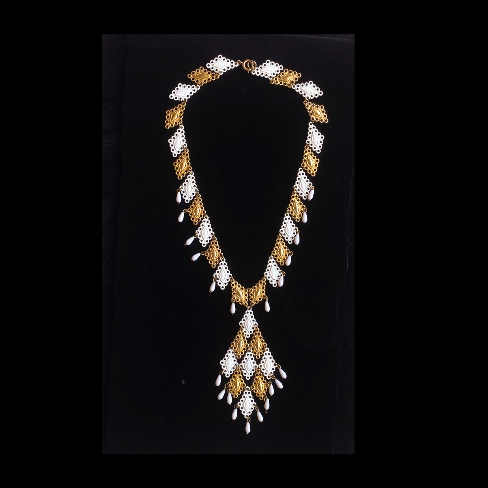 Vintage 60s 70s gold white pendant necklace filigree statement mid century mcm