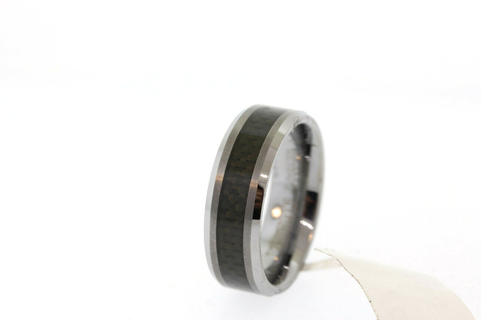 Triton 8mm Tungsten Carbide & Black Carbon Fiber Polished Beveled Edge Band Ring