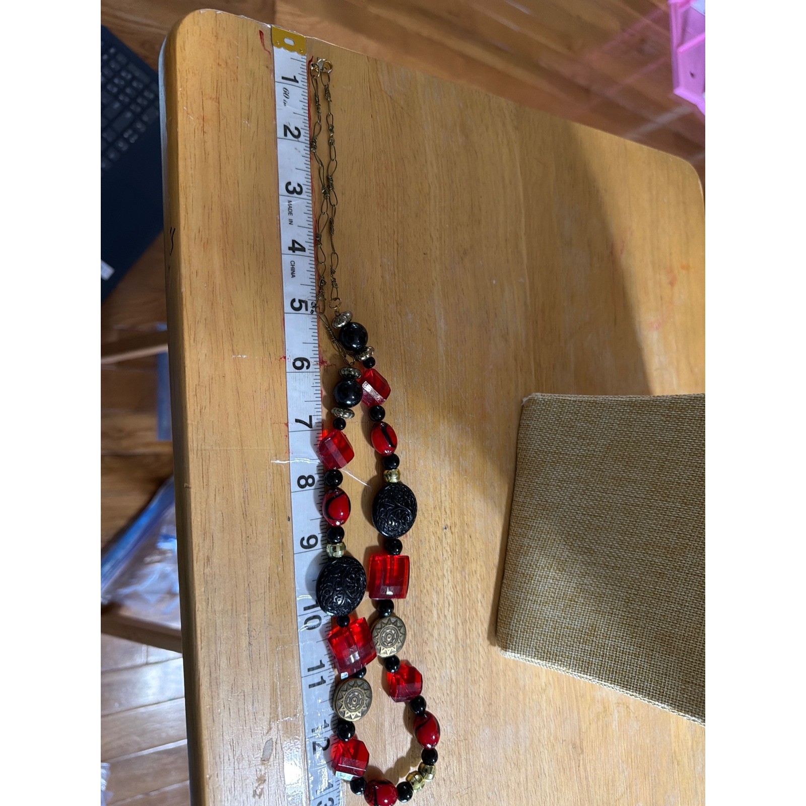 Red and Black Beaded Statement Necklace Boho Gold Tone Mixed Media Layering