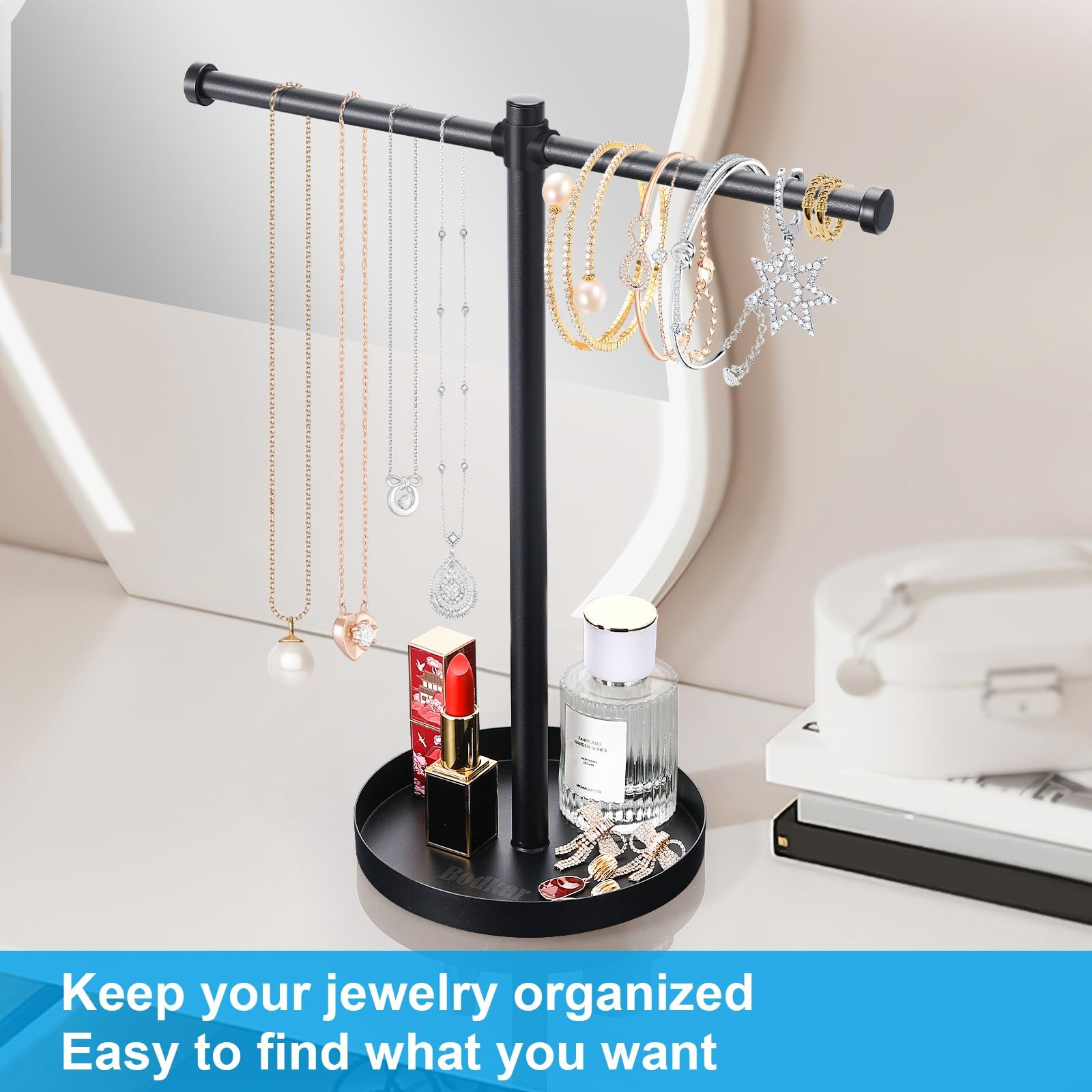 Organizador de joyas y collares, de metal resistente y de 32 cm de alto.