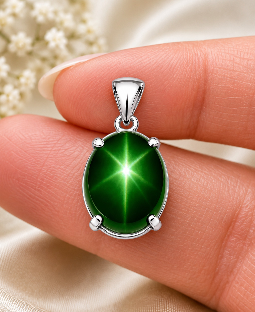 10CT Natural Green Star Sapphire Pendant | Sterling Silver Oval Star Sapphire