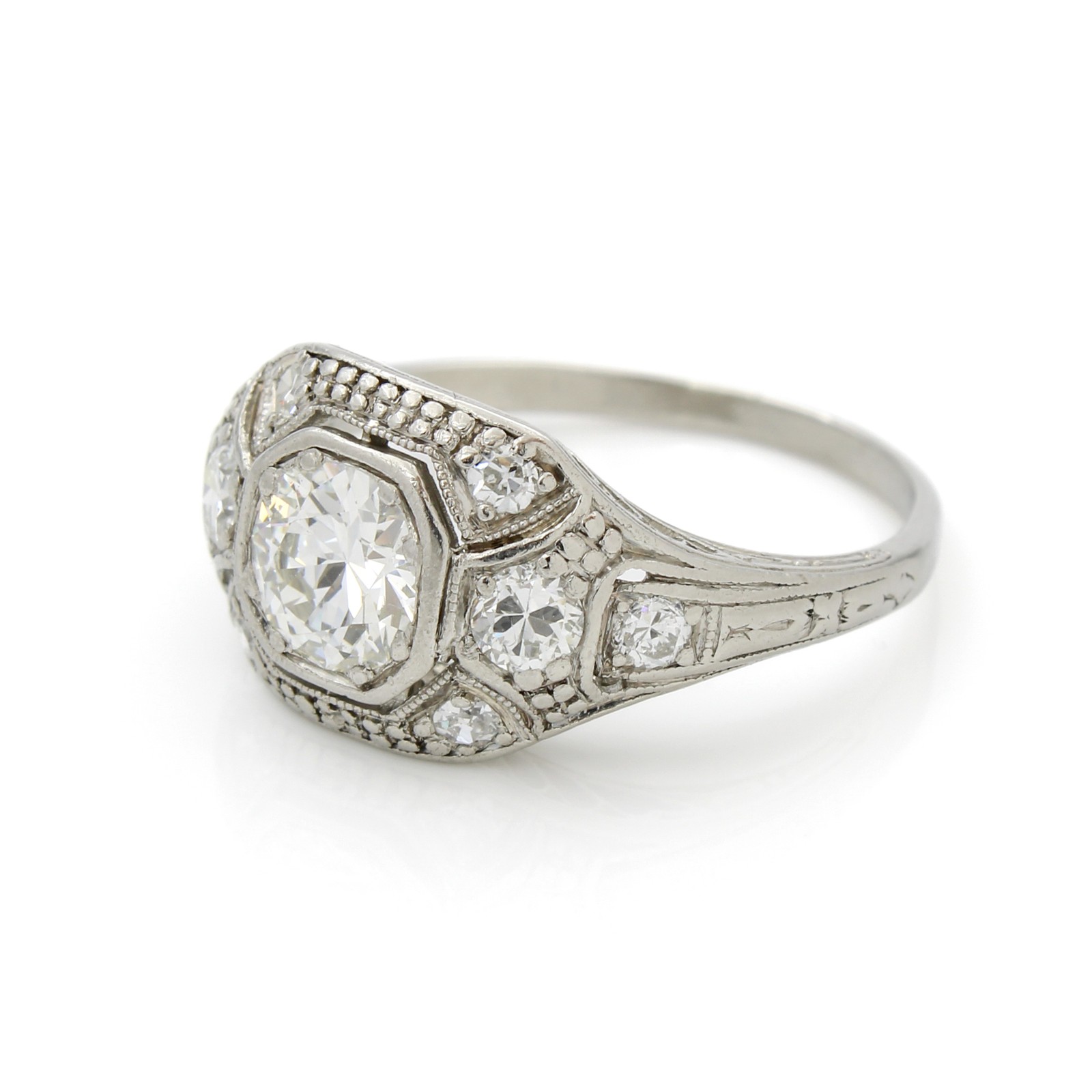 Art Deco Platinum 900 Die Struck Diamond Sz. 5 Ring #E96881-1
