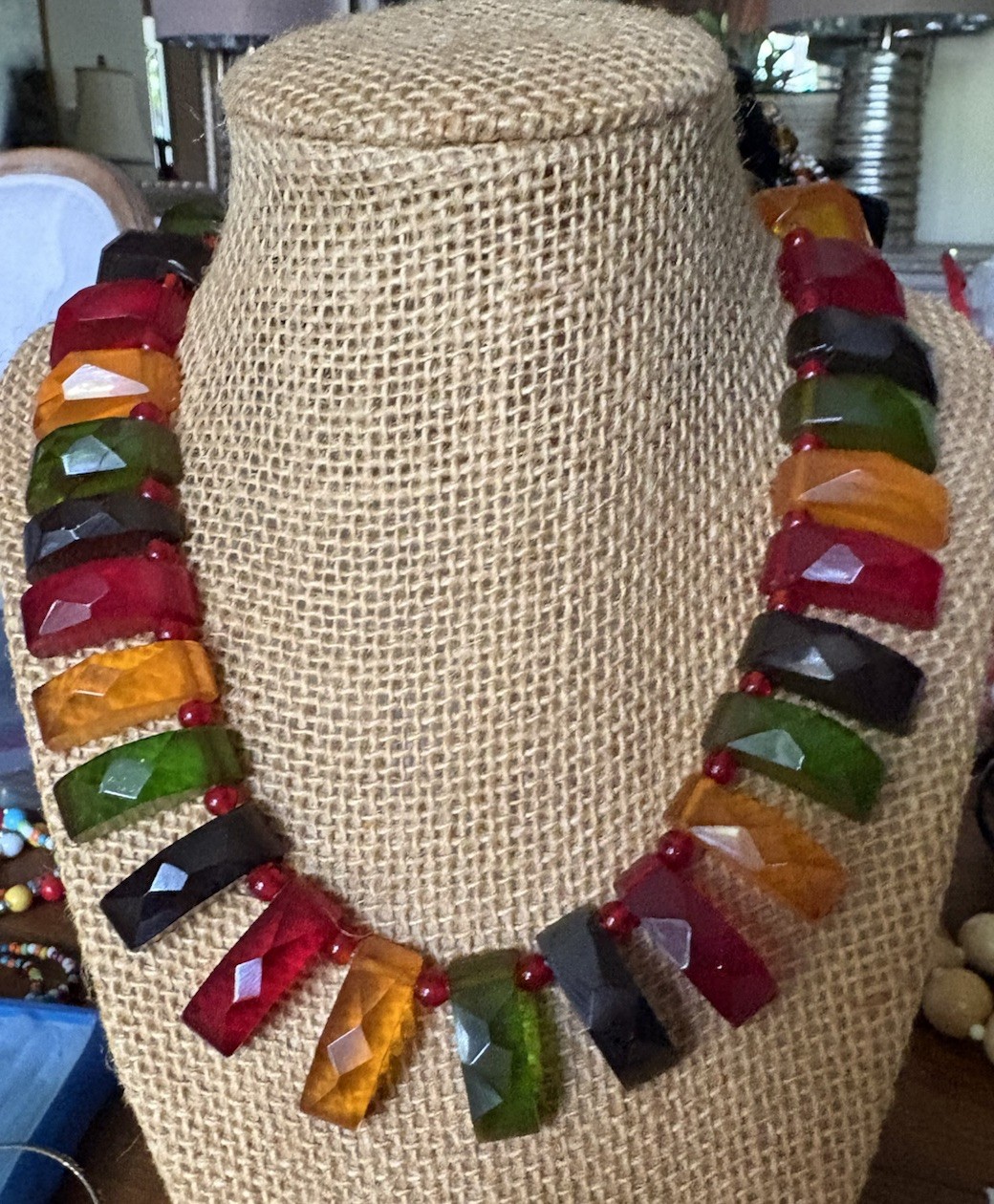 Vintage Tested Bakelite Faceted Geometric Necklace Red Green Amber 16” Lucite Sp