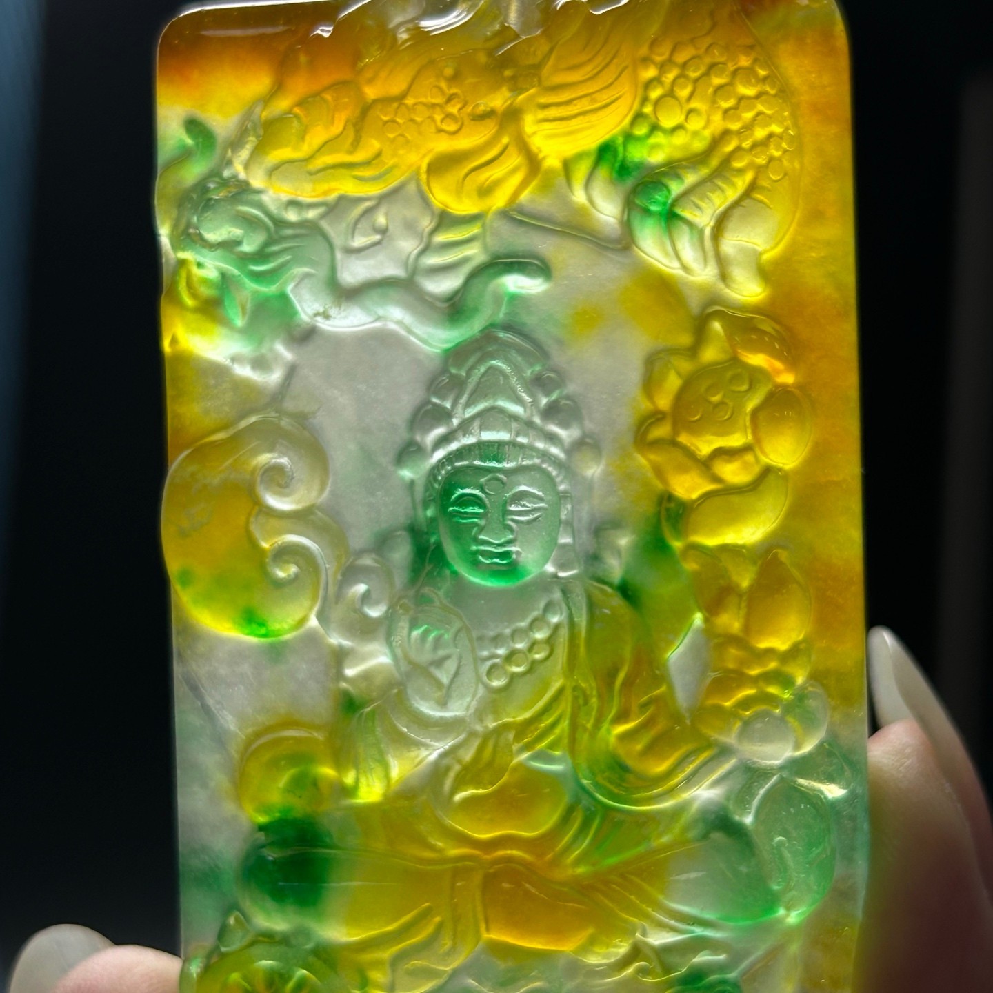 NaturalA+++ Ice Green&Yellow Jade Jadeite Dragon Kwanyin Pendant&Necklaces 御龙观音