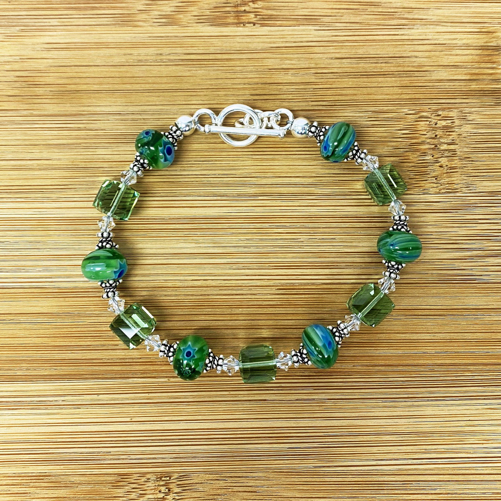 Green Millefiori Glass & Austrian Crystals 925 Sterling Silver 7.5 inch Long Bra