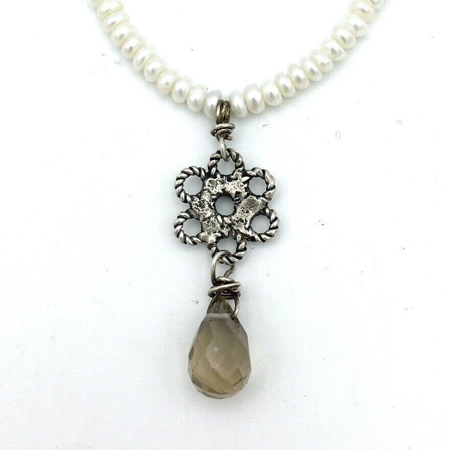 QUARTZ PRISM necklace – cultured pearl beads sterling silver flower pendant 20″