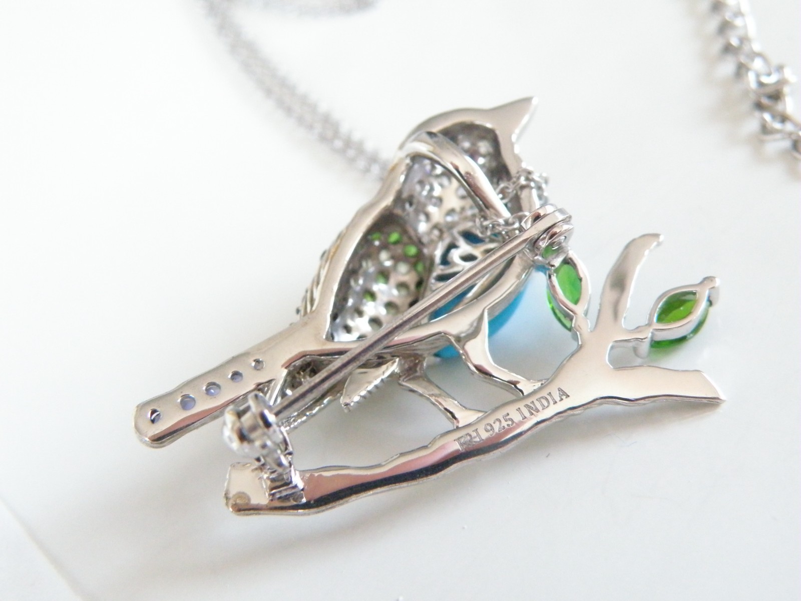 Victoria Wieck Sterling Silver 925 Turquoise Gemstone Bird Brooch Slide Necklace