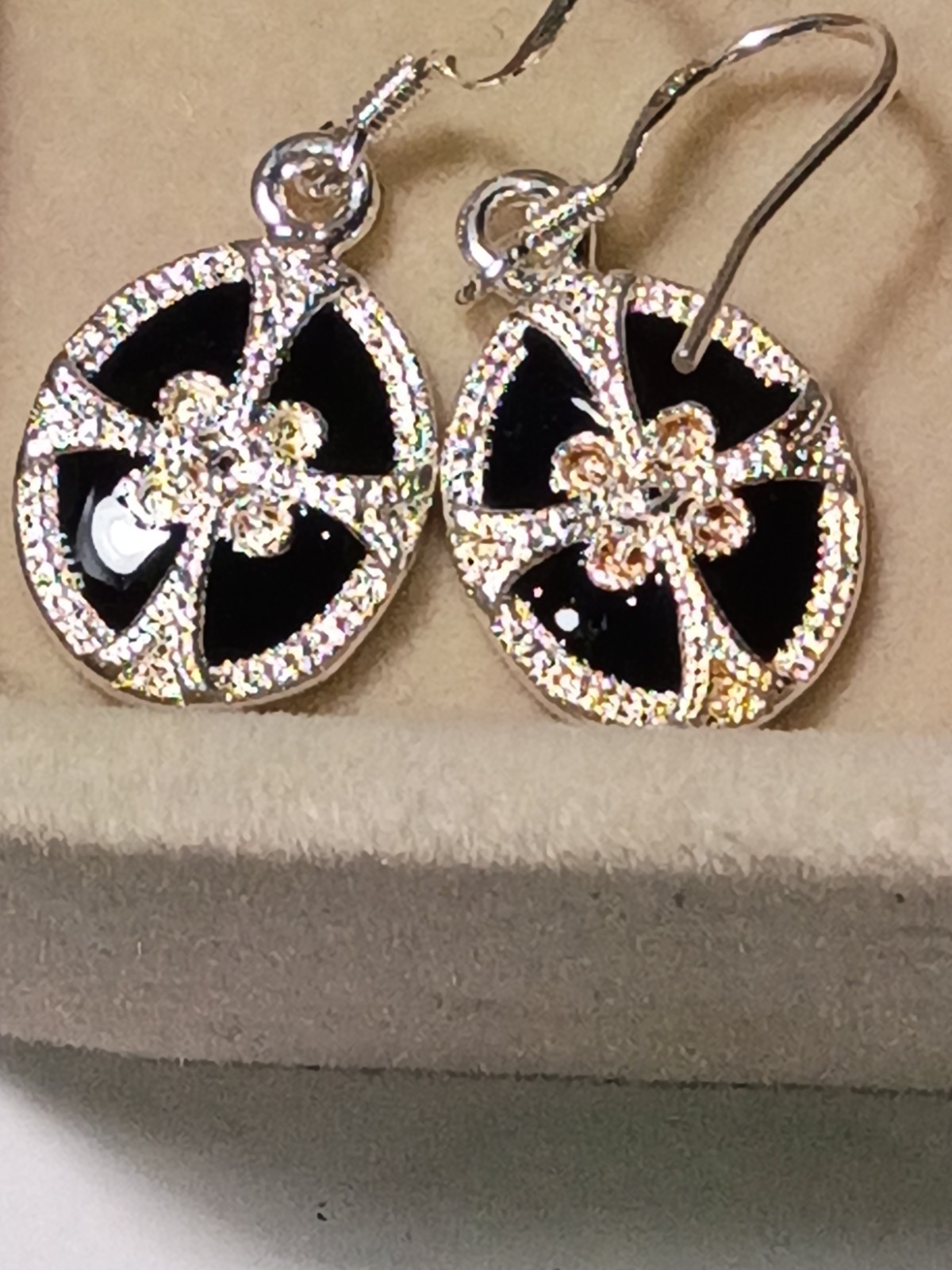 Silver Black Round Flower Crystal Dangle/Drop Earrings, Hook Closure