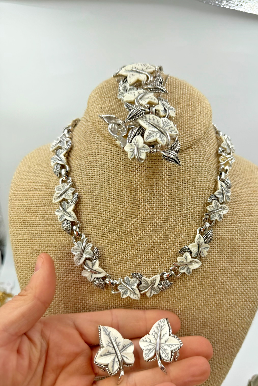 Vintage Boucher Necklace Bracelet Earrings Set White Leaf Silvertone Lot LX