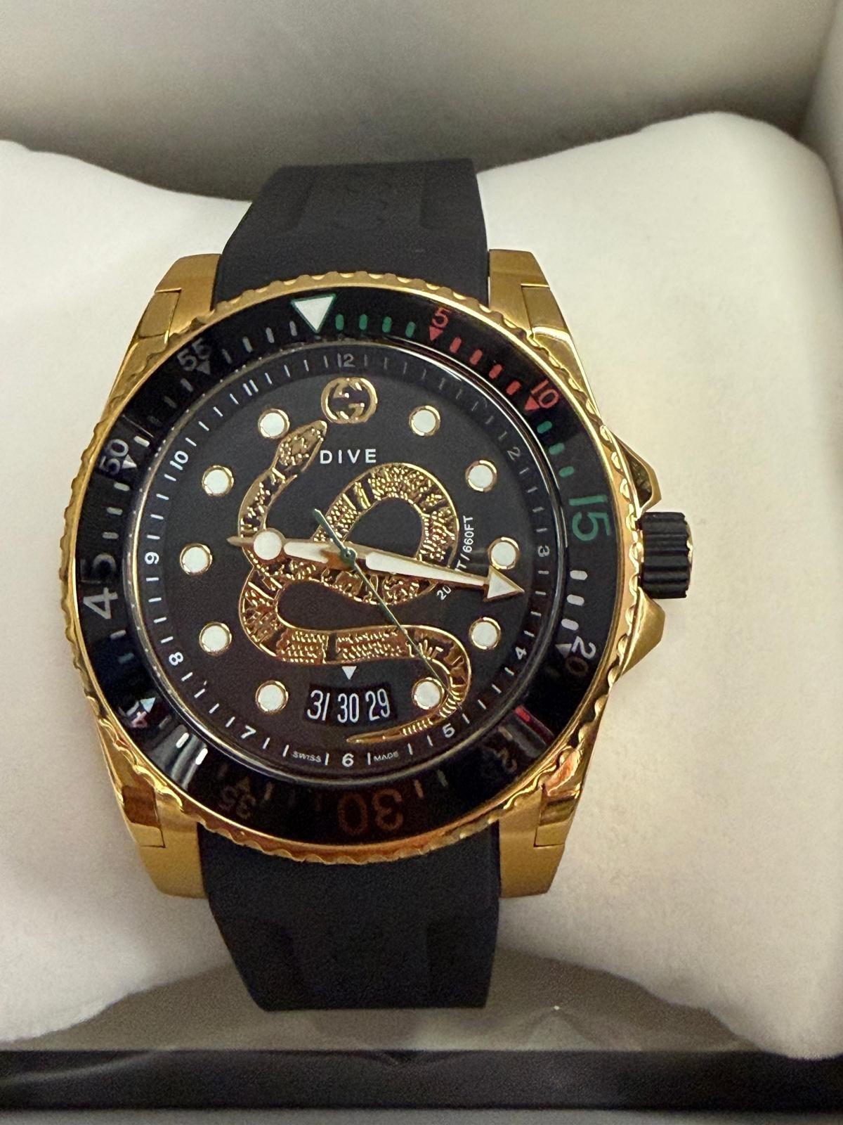 Unused Gucci Dive Black Dial Gold-Tone Rubber Strap 45mm Men’s Watch YA136219