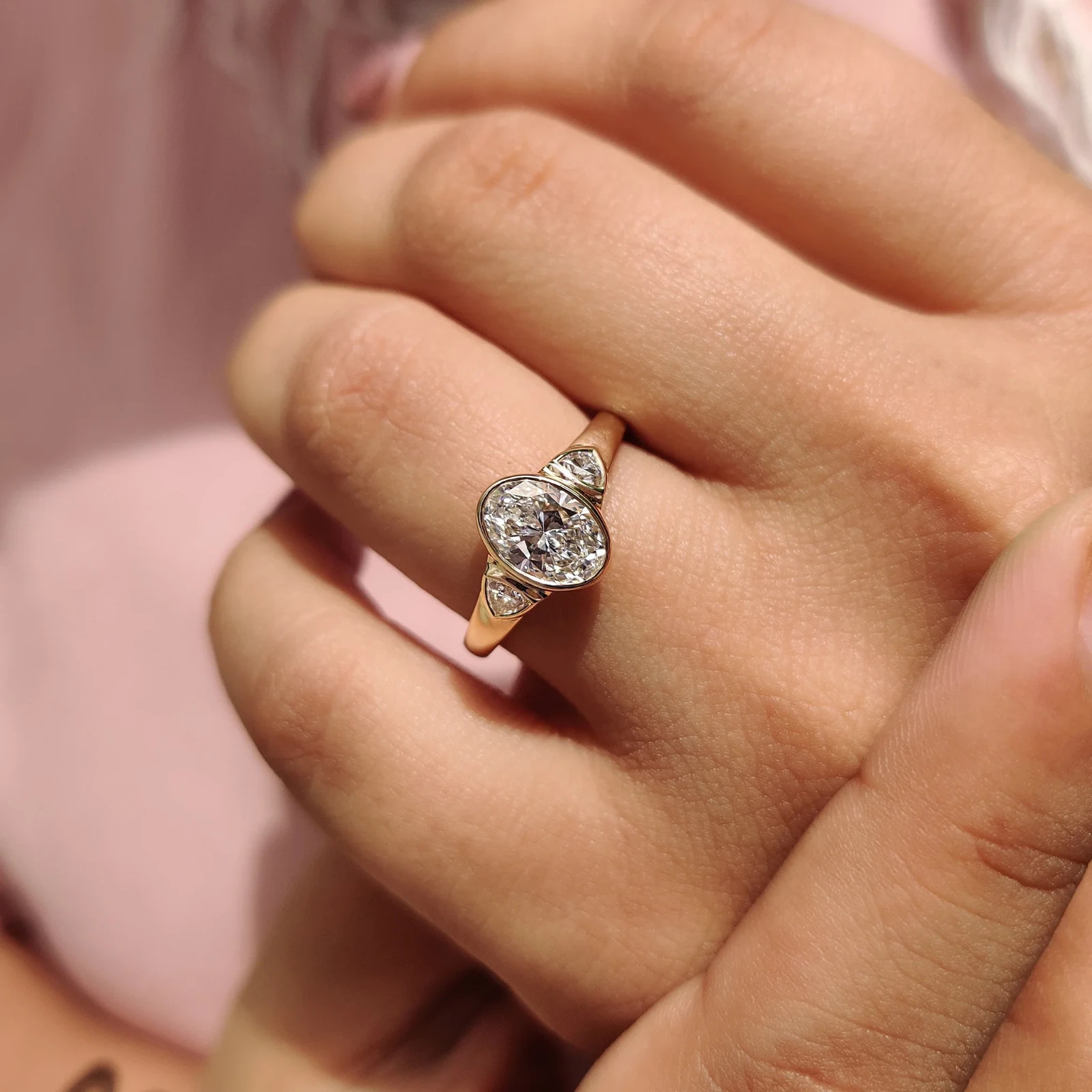 2.00CTOval Bezel Engagement Ring 9K Yellow Gold Lab Grown Diamond Trillion Sides
