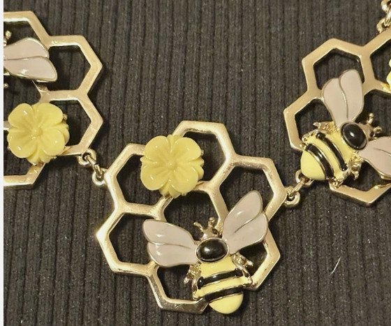 Gold Tone Enamel Bumble Bee & Honey Comb Yellow Flower Necklace, Signed Talbots