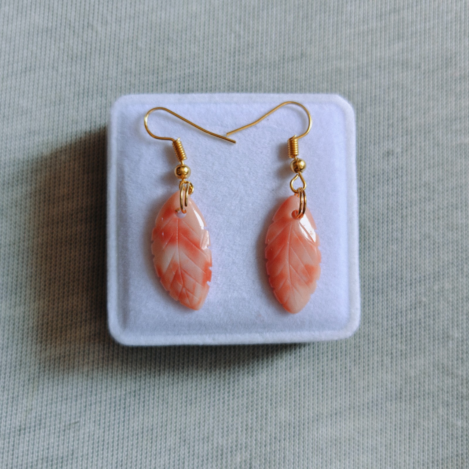 Natural Japanese Pink Coral Leaf Carving Brass Earrings Handmade Jewelry