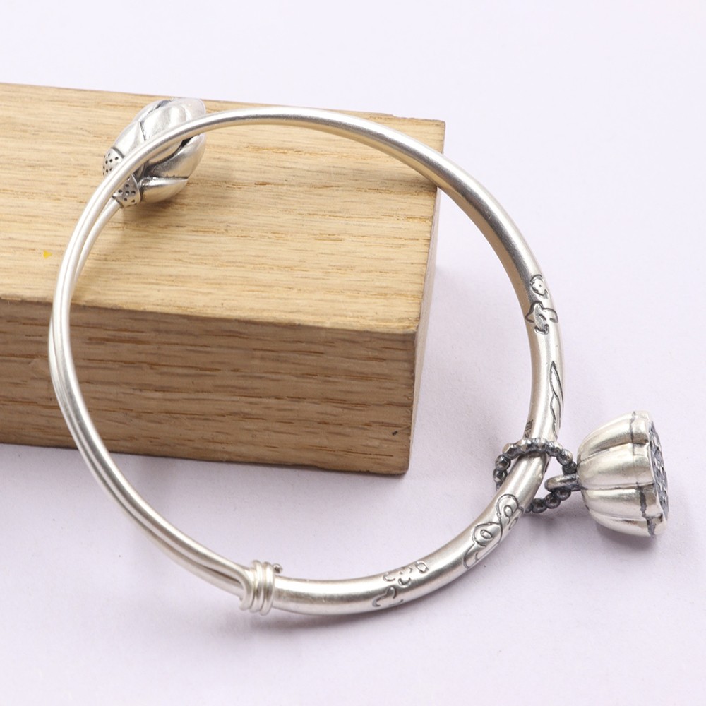 Pure S999 Fine Silver 999 Bracelet Women Lotus Flower Bangle 25-26g ID:54-58mm