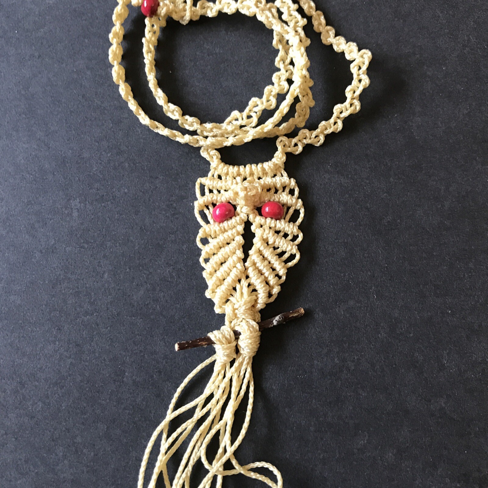 Vintage Macrame Owl Necklace Red Wood Bead Eyes Twig Branch Perch Handmade New