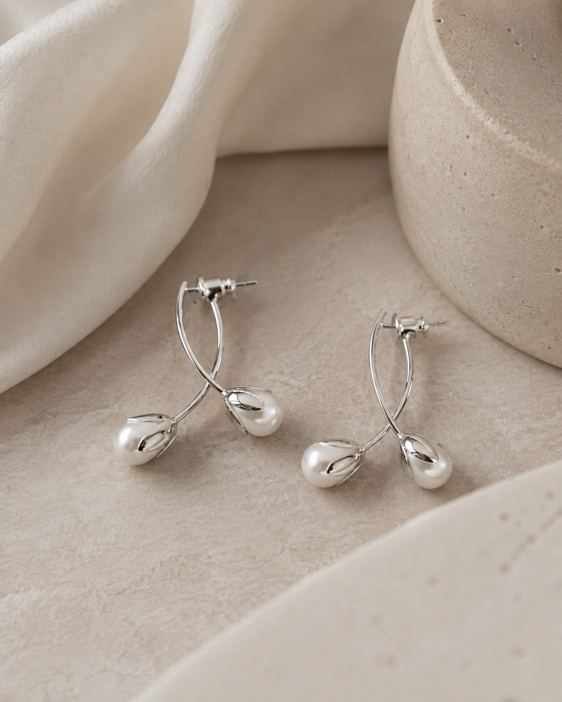 Anthropologie Silver Cherry Pearl Earrings Berry Flower Boho Retro Cottagecore