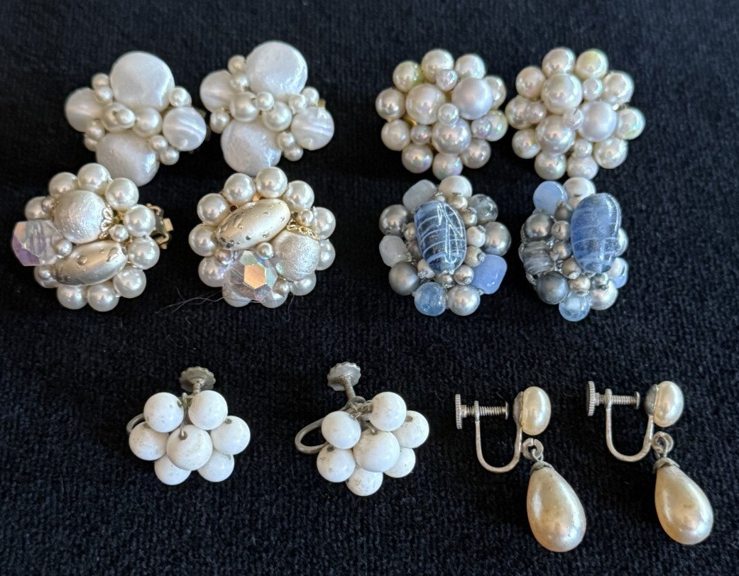 6 Pair VTG Beaded Cluster Clip-on & Screw-on Earrings, Japan, White Pearl Look