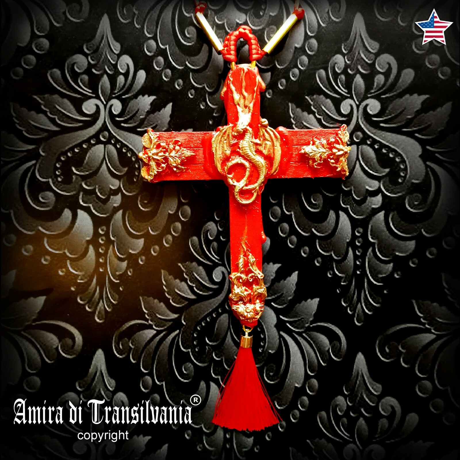 red dragon rouge cross crucifix wood witch pendant magical talisman pagan gothic