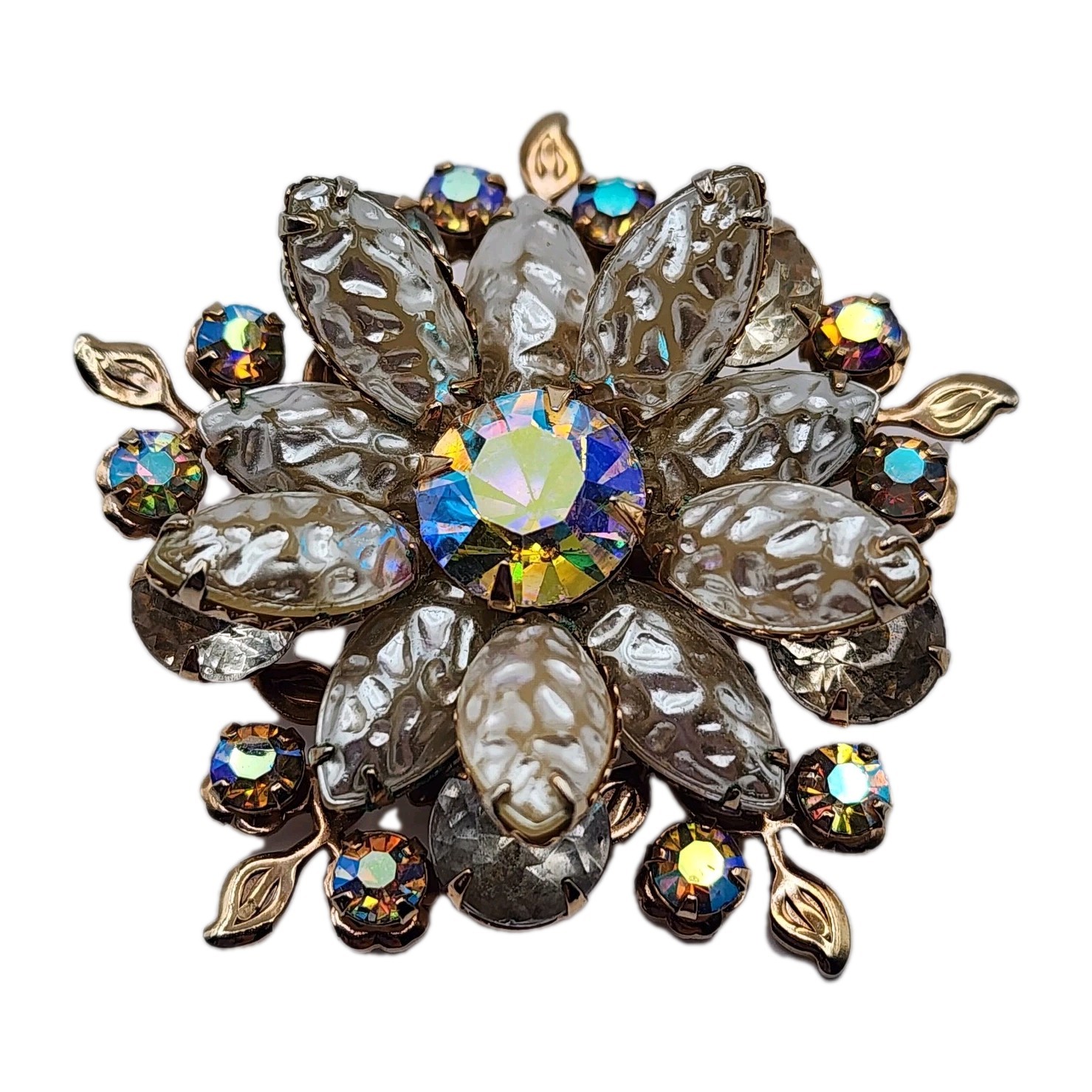 Vintage Molded Faux Pearl Rhinestone Brooch Judy Lee? Aurora Borealis