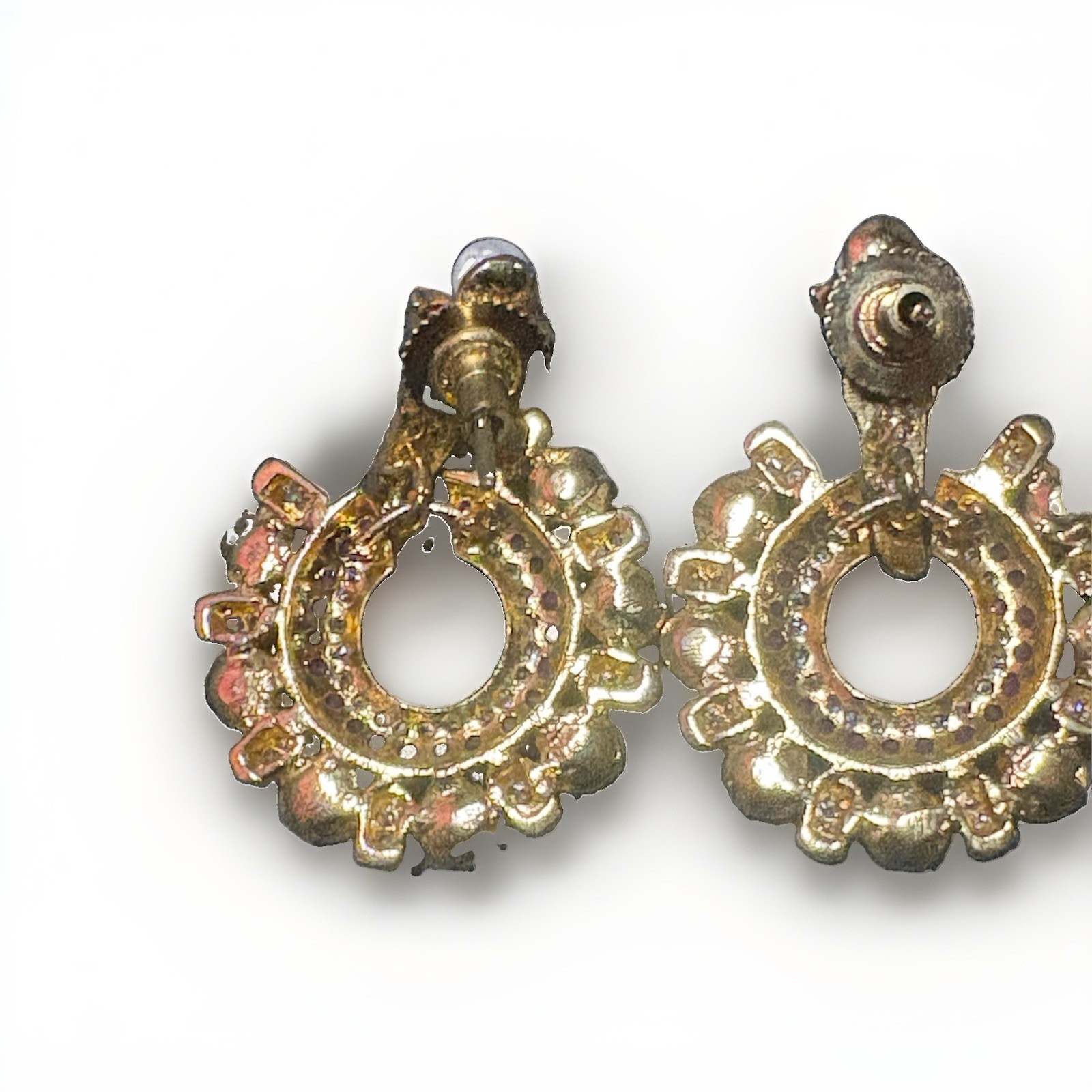 New Gold Tone Faux Pearl Pink Rhinestone Statement Drop Earrings Pierced
