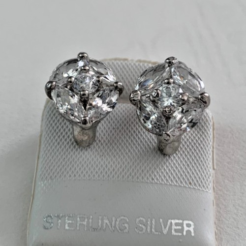 Marquise Cut Cubic Zirconia Floral Huggie Hoop Earrings in Solid Sterling Silver