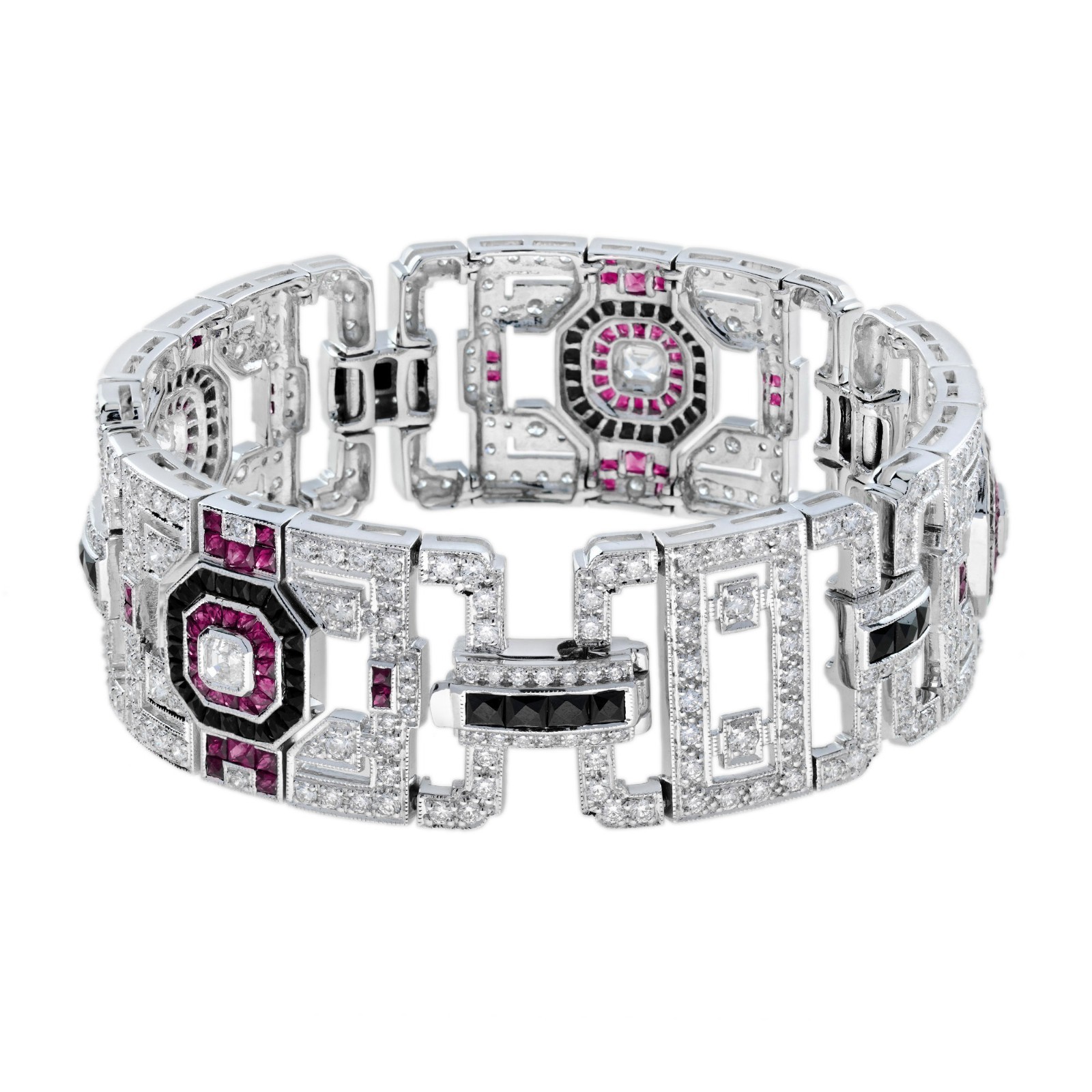 18K White Gold Diamond Ruby Onyx Art Deco Geometric Link Bracelet