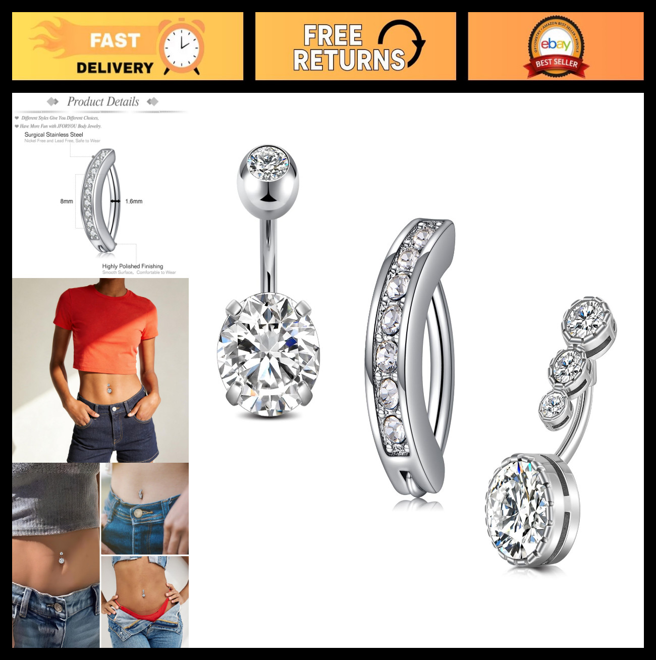 14G 1/4 Inch Short Belly Button Rings – 6mm Stainless Steel Navel Jewelry for Al