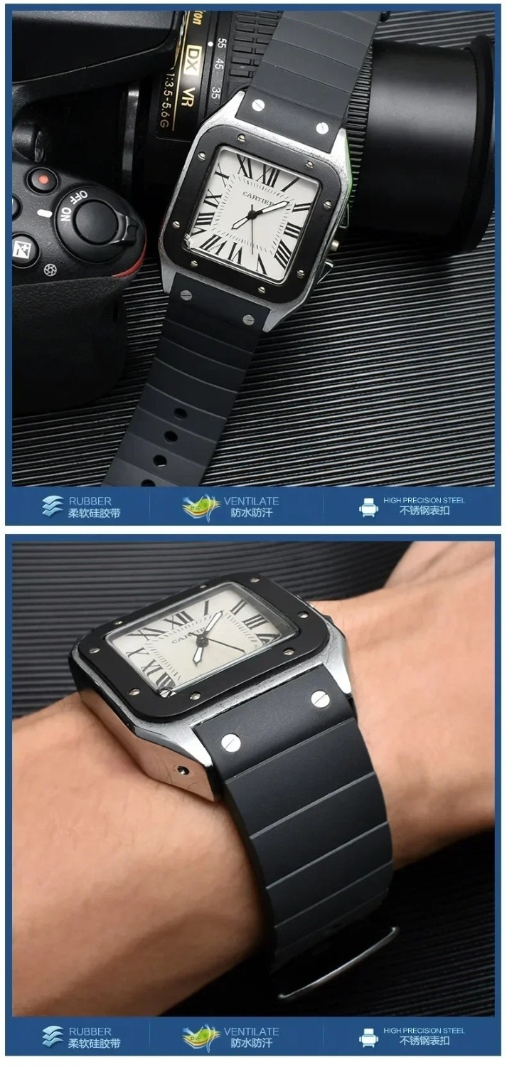 23mm Watchband For Cartier Santos 100 Rubber Band Black Rivet Silicone Strap