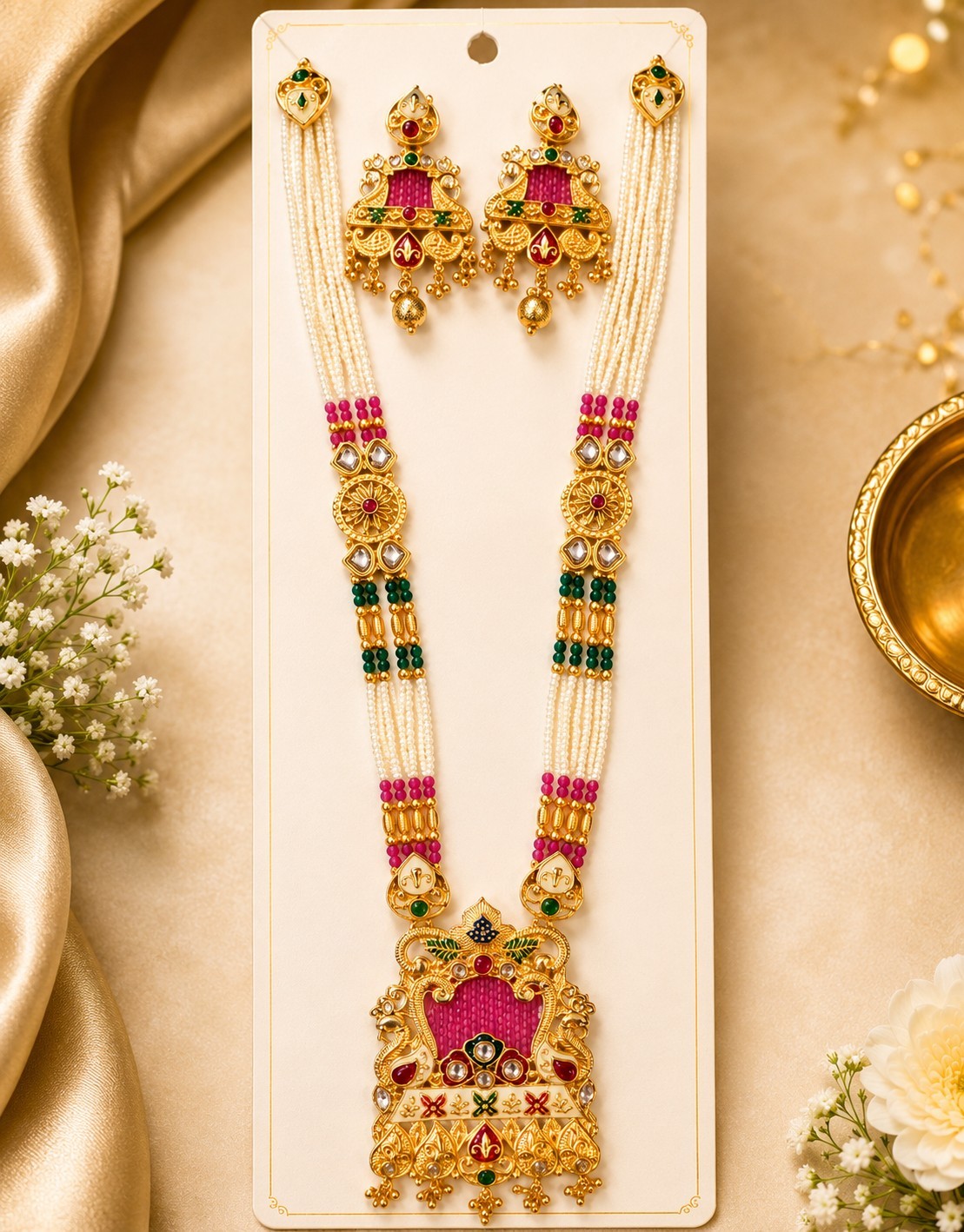 Gold Tone Red & Green Stone Jewelry Set – Necklace & Earrings