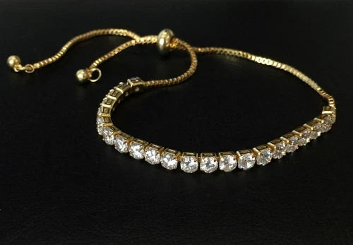 18K Gold Plated Bolo Tennis Bracelet Made Simulated Diamond Round Prong Stone