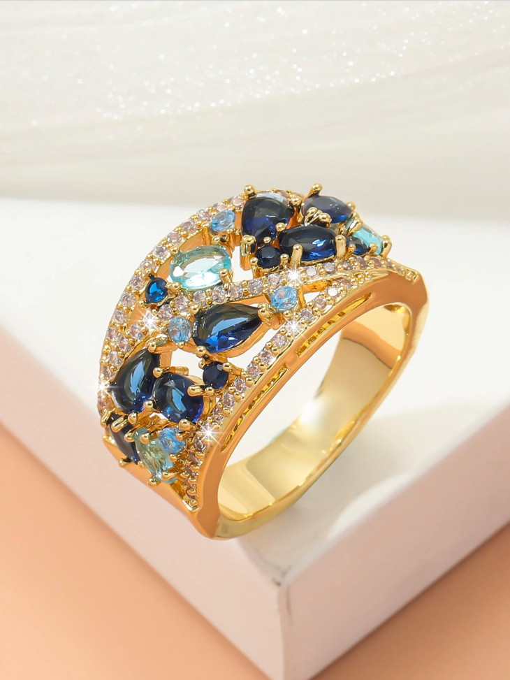 Women’s Blue & Aqua CZ Wide Band Statement Cocktail Ring Alloy Fashion Jewelry