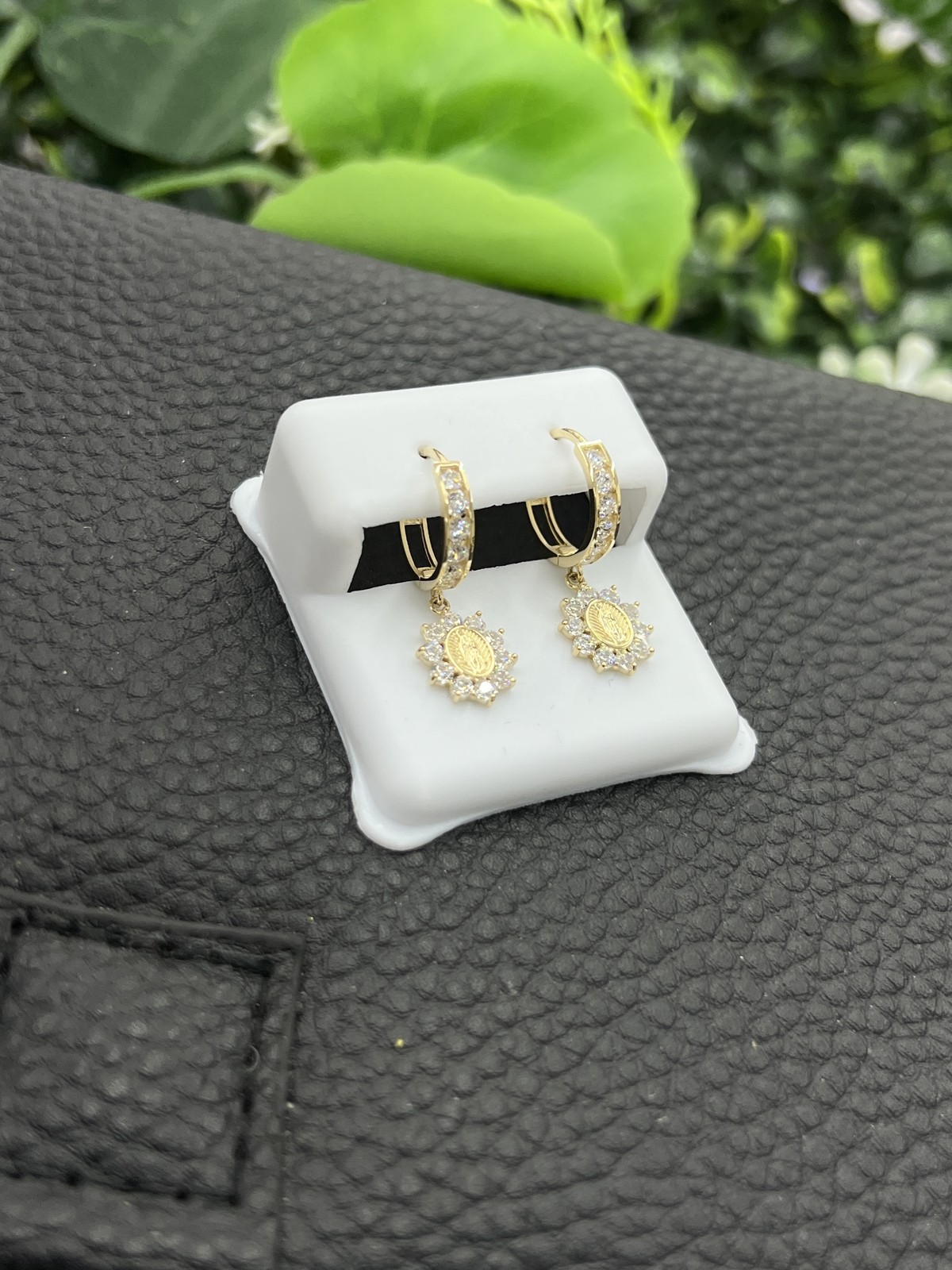 14K Yellow Gold CZ Huggies Virgen de Guadalupe Earrings 24x12mm Elegant Gifts