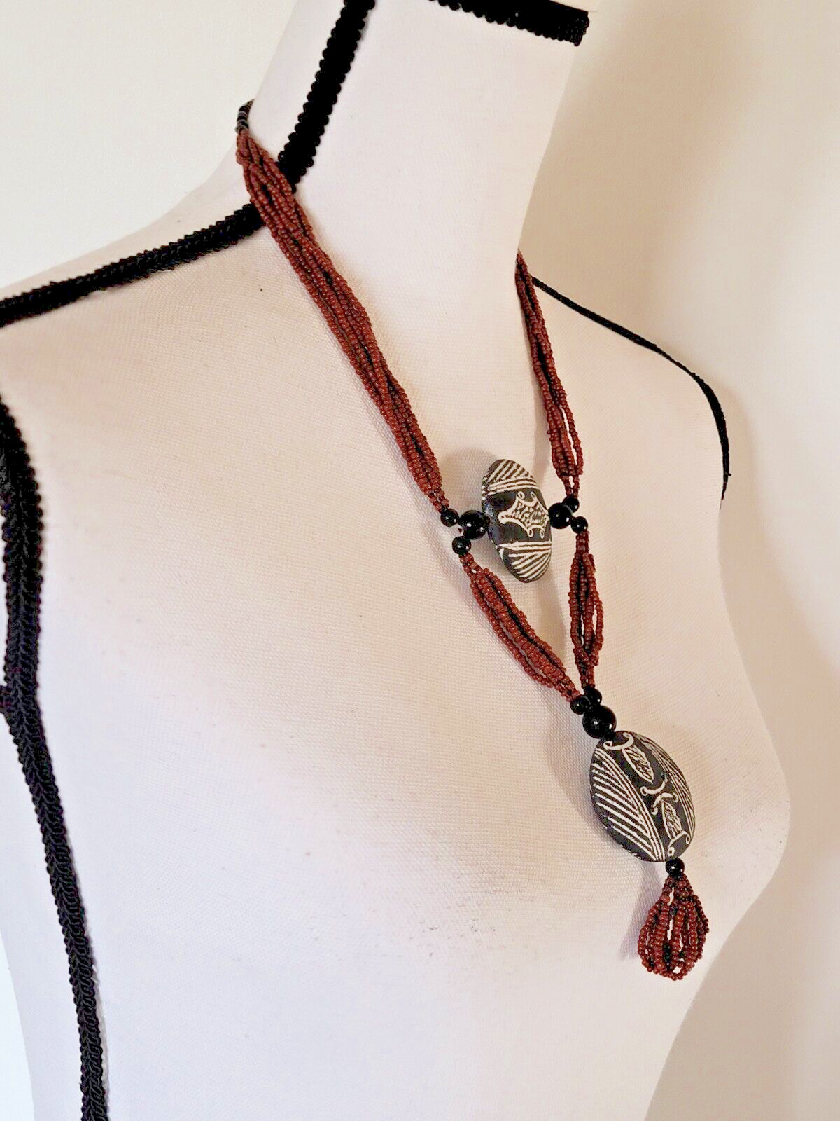 Vintage African Terracotta Pendant Necklace Beaded Handmade Brown Black & White