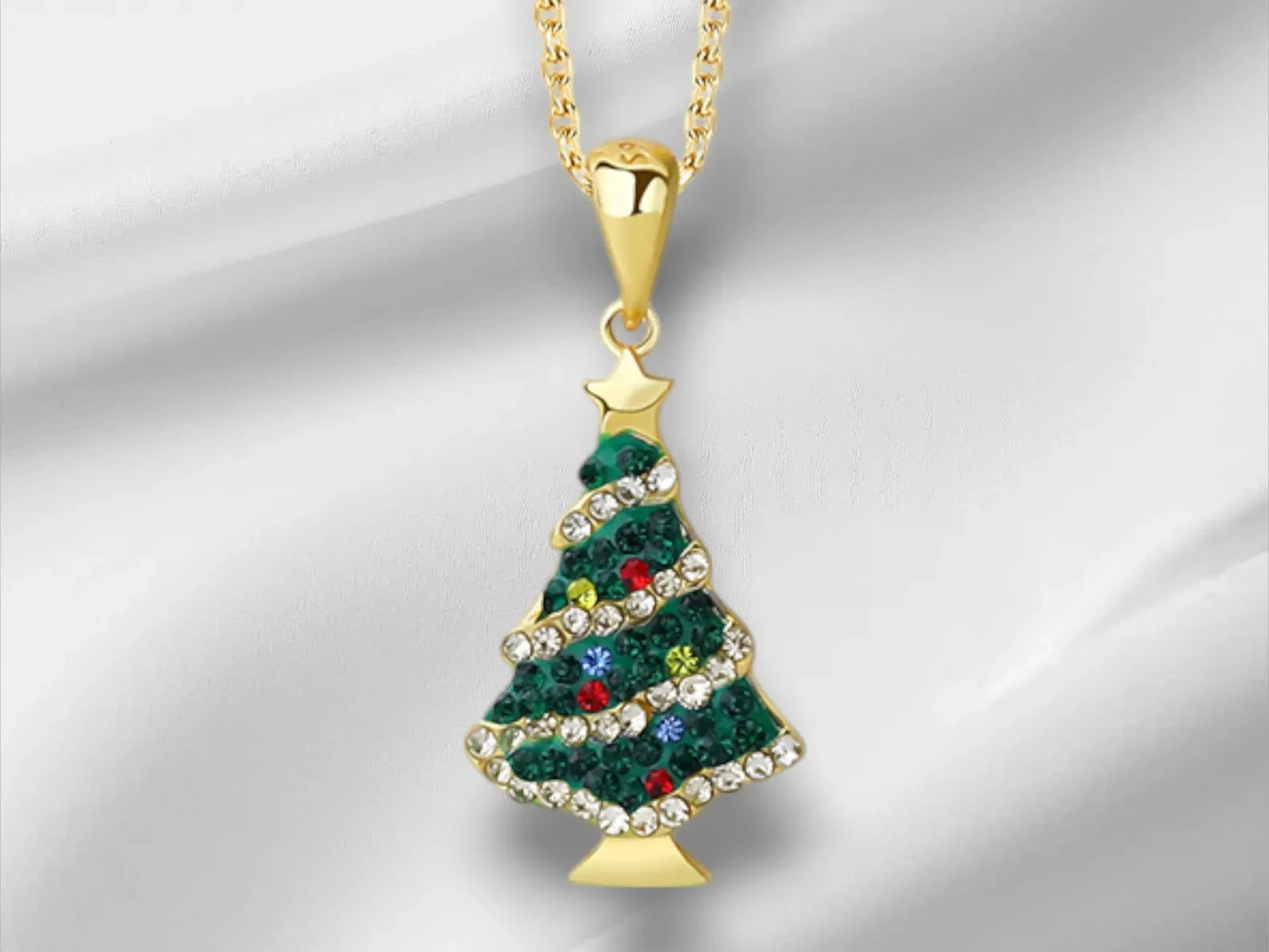 2 Ct Round Simulated Multi Stone Christmas Tree Pendant 14K Yellow Gold Plated