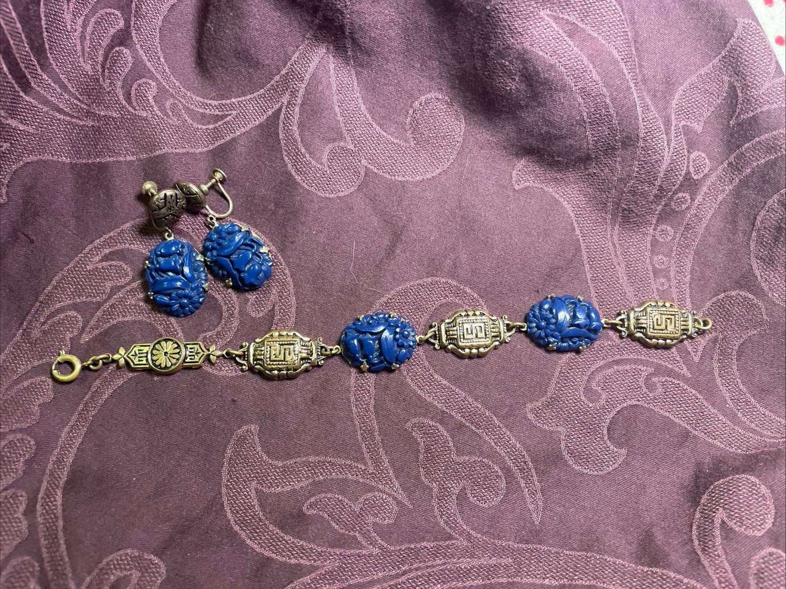Antique Art Deco Blue Molded Glass Bracelet Screw Earrings Egypt Gold Tone Set