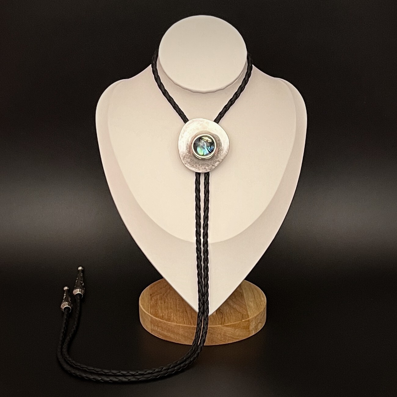 Vintage Silver Irregular Round Natural Abalone Shell Bolo Tie Western Necklace