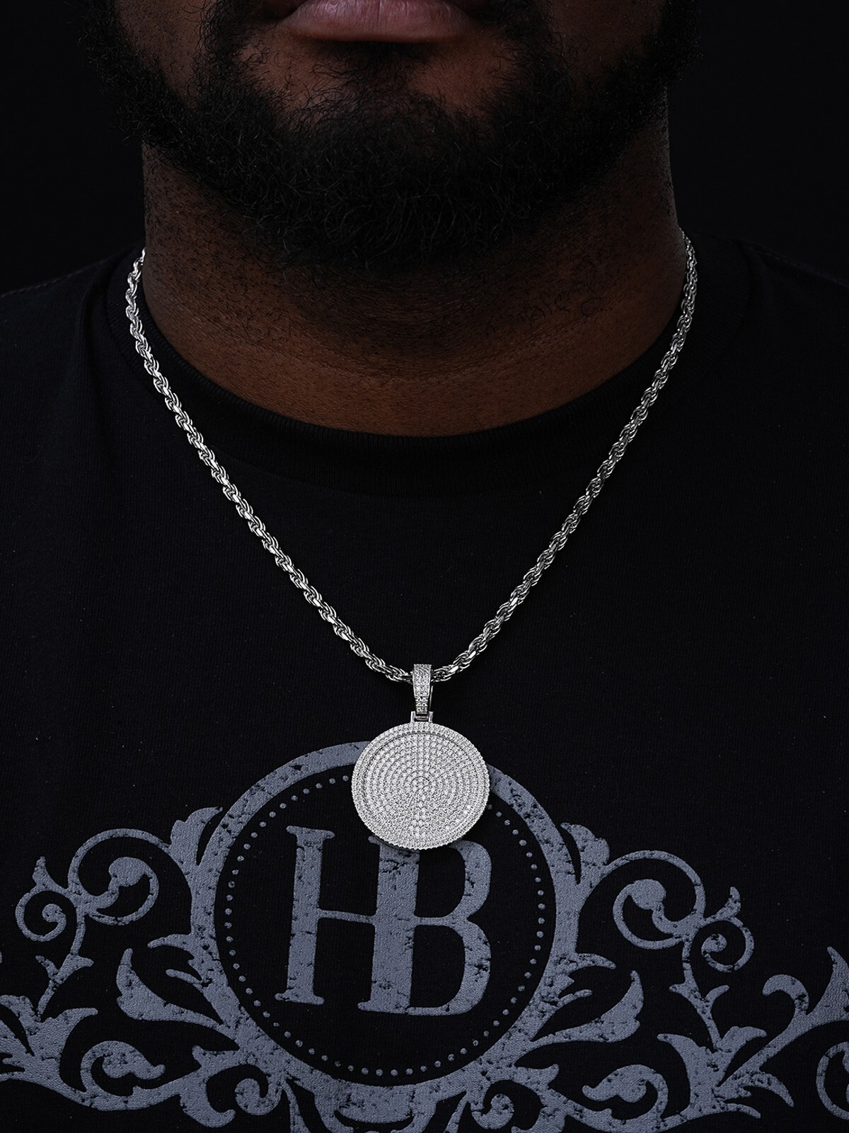 Solid 925 Silver Bling CZ Iced Round Hip Hop Dog Tag Medallion Pendant Necklace